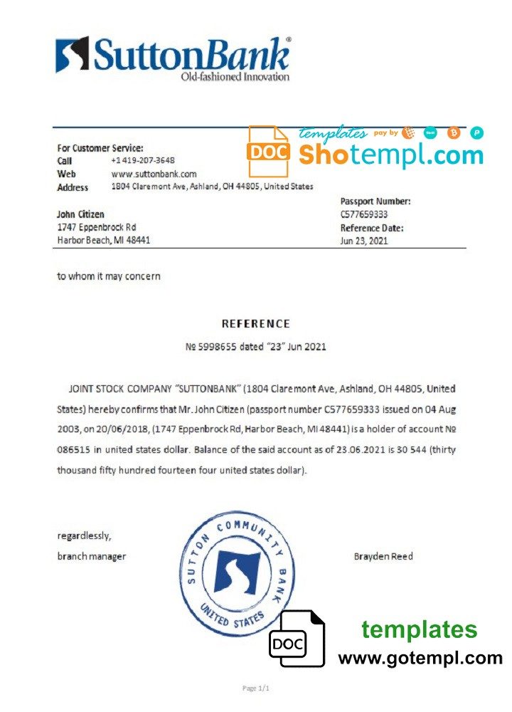USA Sutton Bank bank account reference letter example in Word and PDF format
