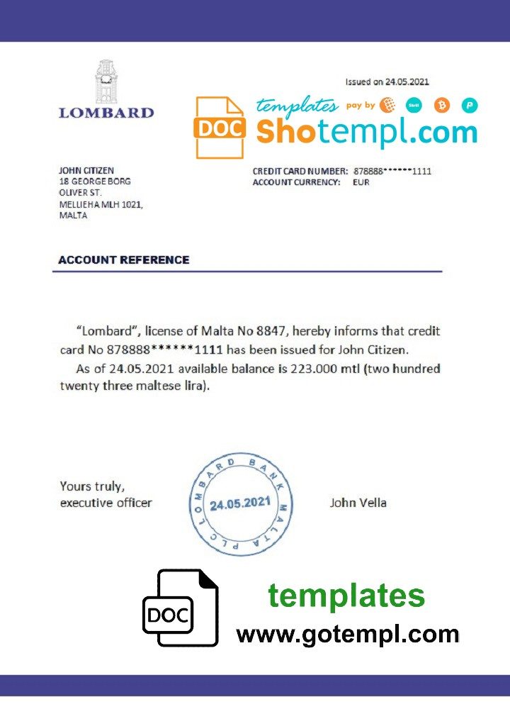 Maltese Lombard bank reference letter example in Word and PDF format