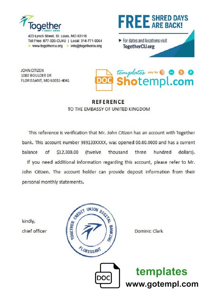 USA Together bank account balance reference letter example in Word and PDF format