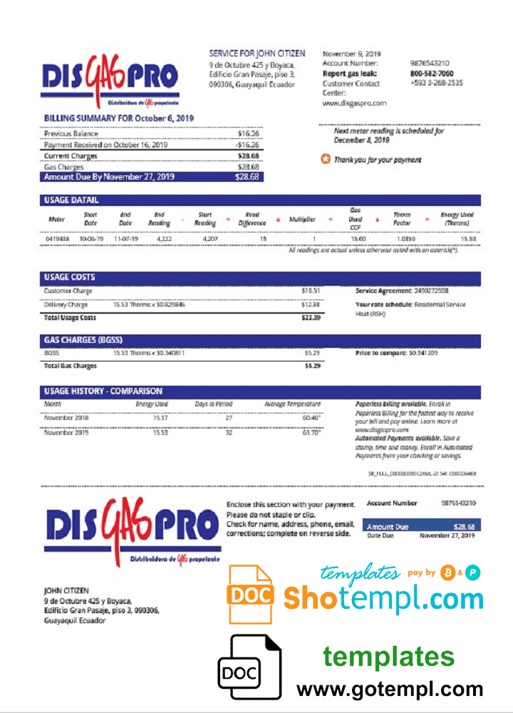 Ecuadorian Disgaspro gas utility bill download example in Word and PDF format