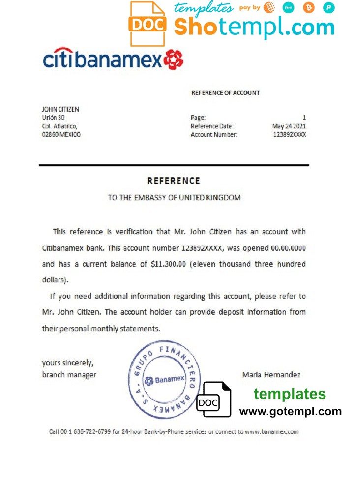 Mexican Citibanamex bank reference letter example in Word and PDF format