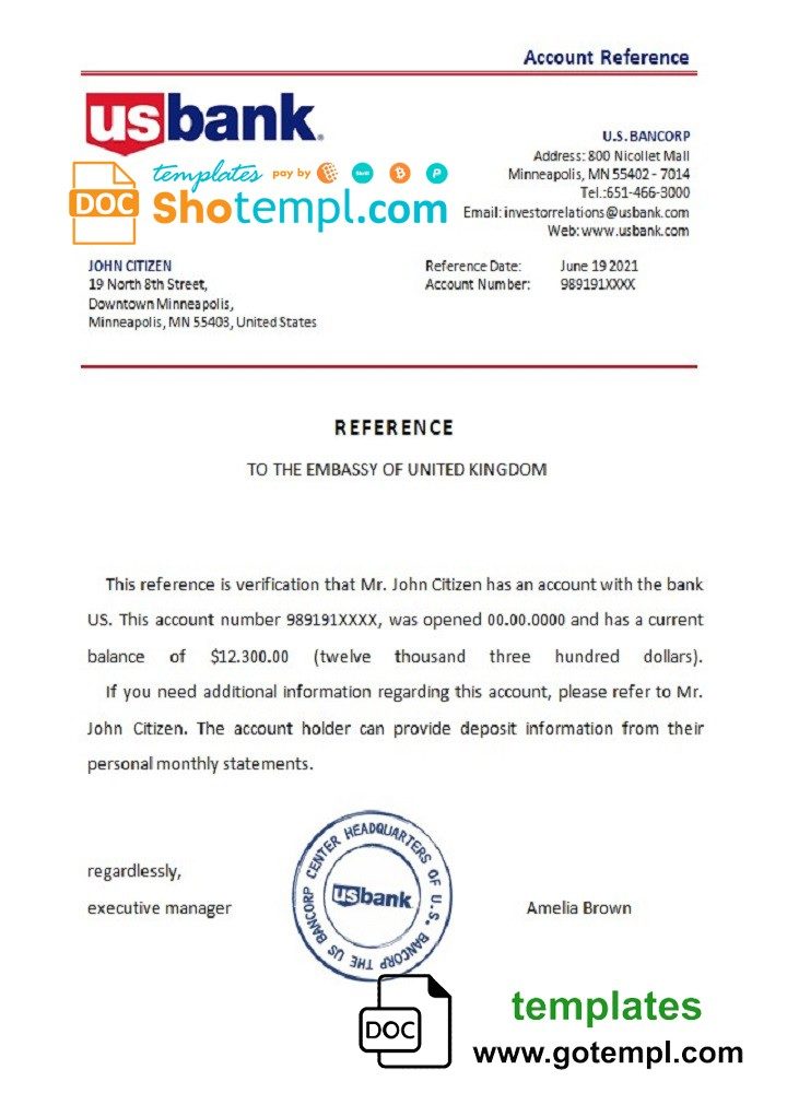 USA US Bank bank account reference letter example in Word and PDF format
