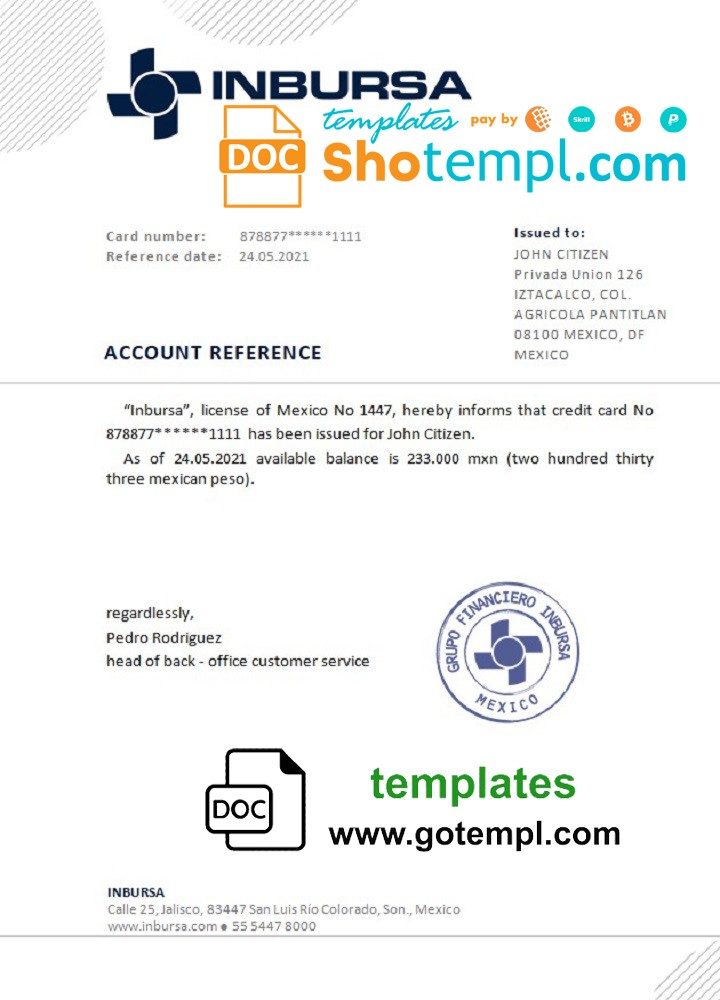 Mexican Inbursa bank reference letter example in Word and PDF format