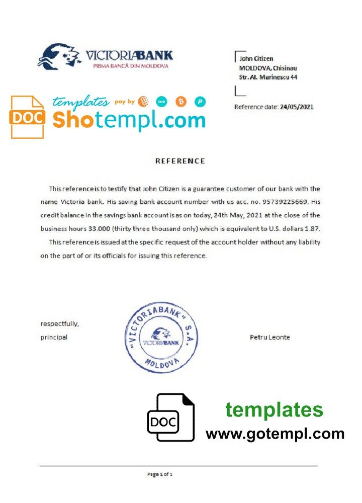 Moldovan Victoriabank bank reference letter example in Word and PDF format