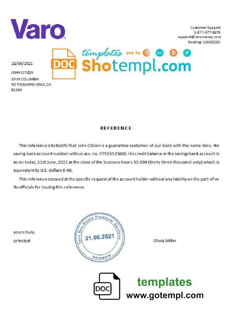 USA Varo bank account reference letter example in Word and PDF format