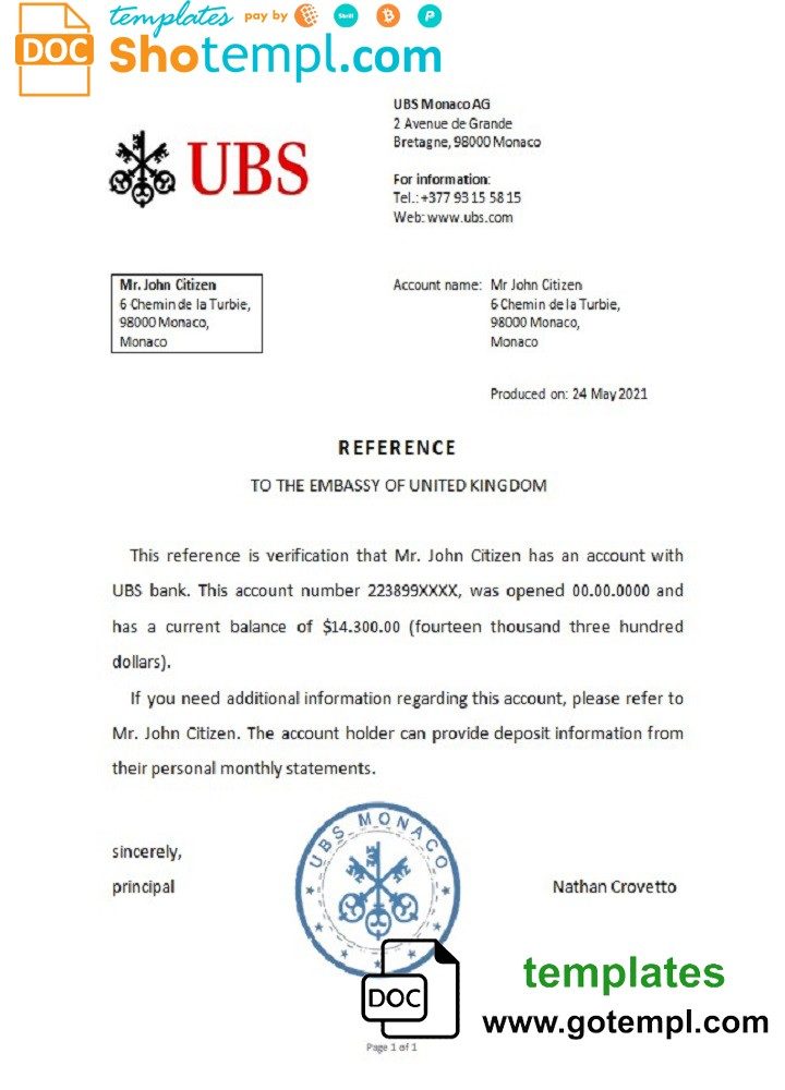 Monacan UBS bank reference letter example in Word and PDF format