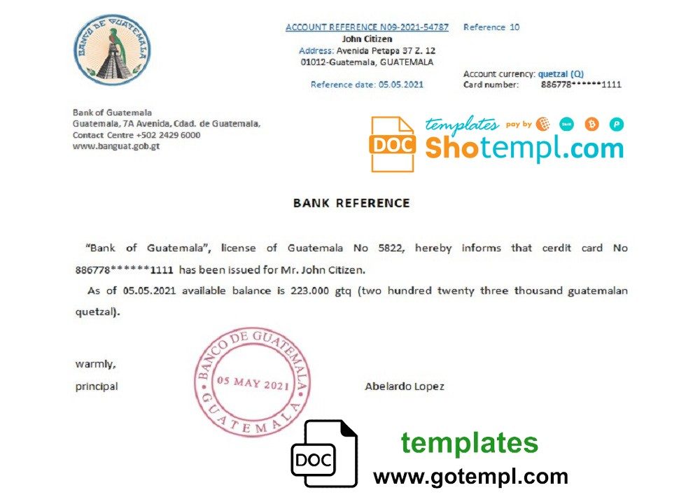 Guatemalan Bank of Guatemalan bank account reference letter example in Word and PDF format