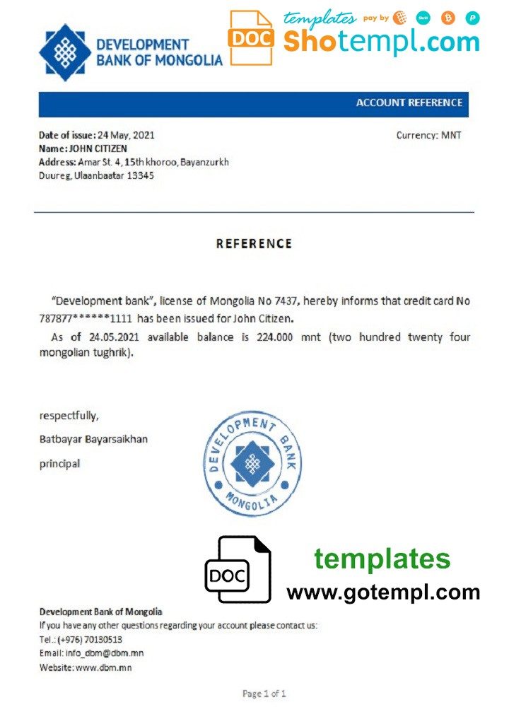 Mongolian Development Bank of Mongolian bank reference letter example in Word and PDF format