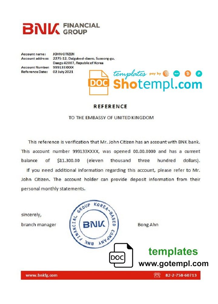 Korea BNK bank account reference letter example in Word and PDF format
