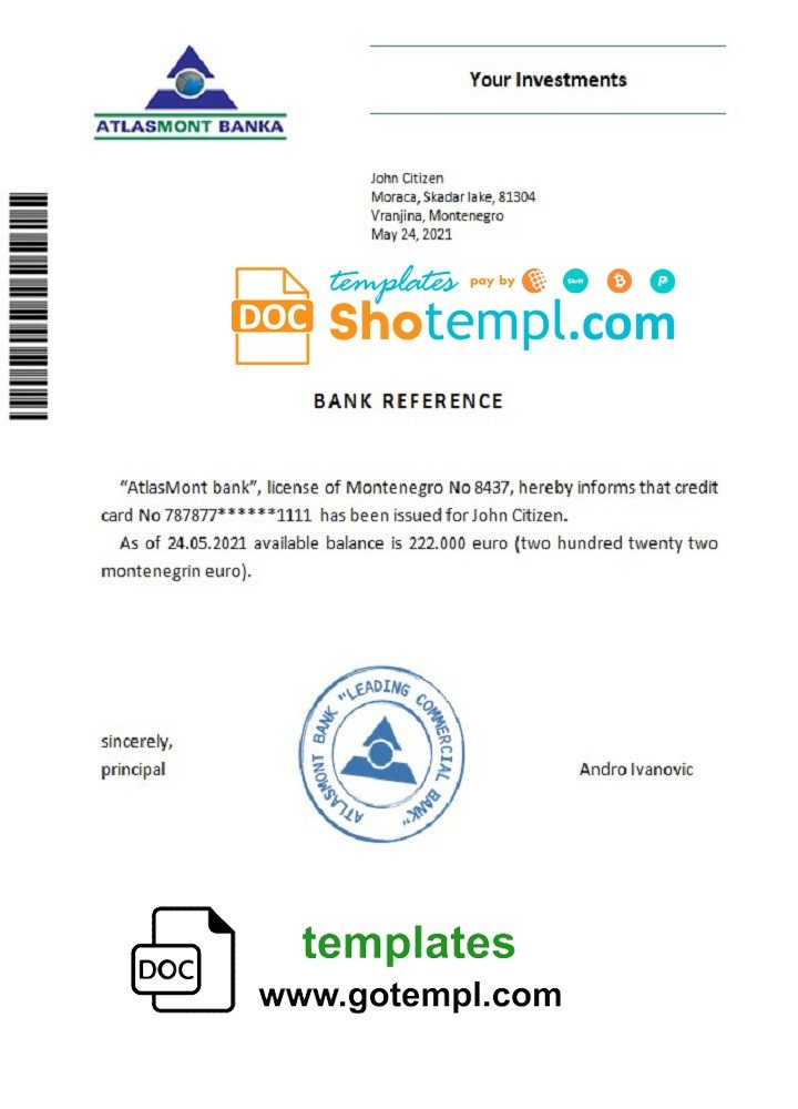 Montenegrin Atlasmont banka bank reference letter example in Word and PDF format