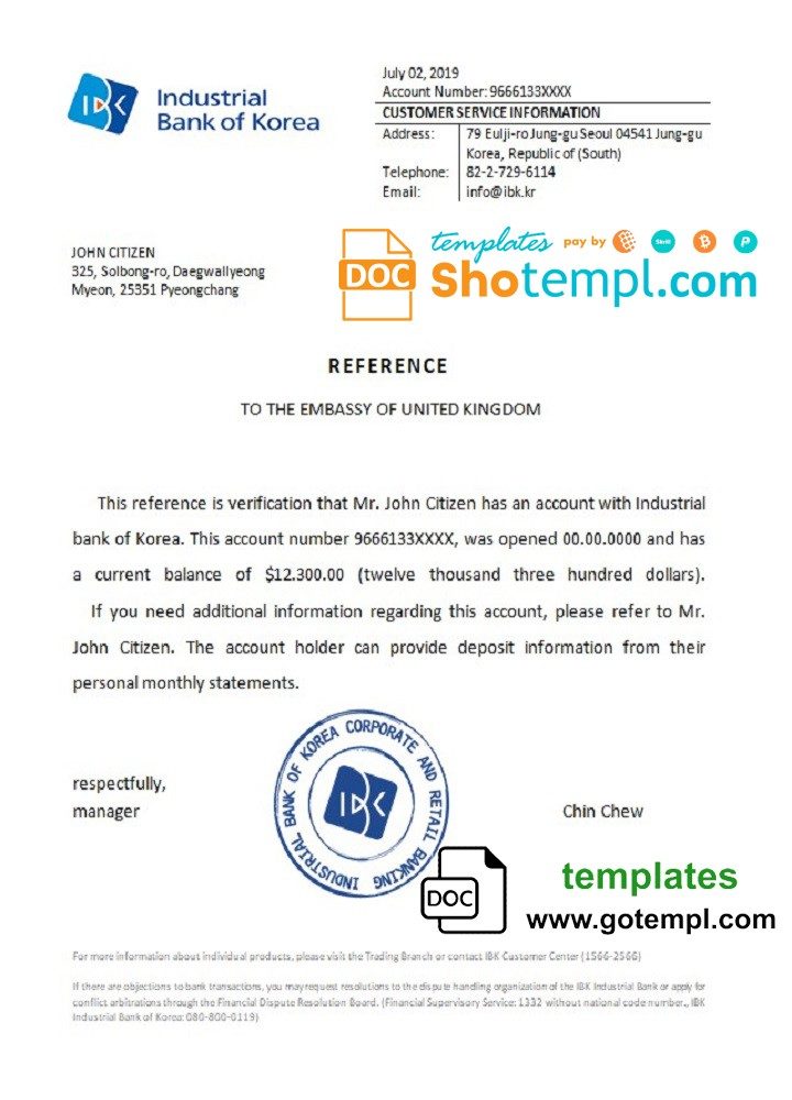 Korea Industrial Bank of Korea bank account reference letter example in Word and PDF format