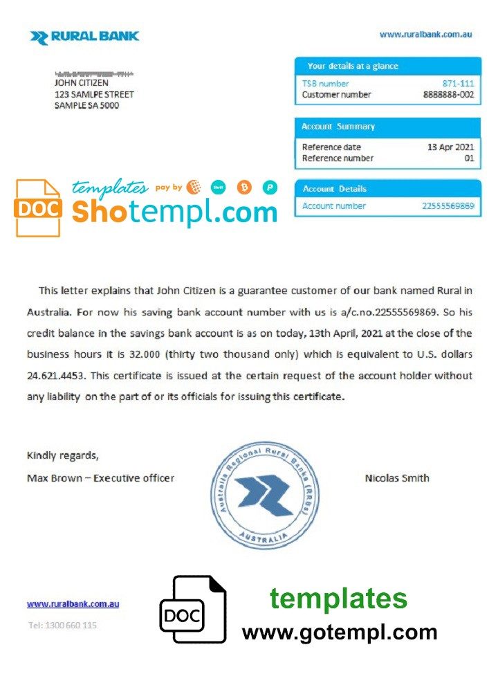 Australian Rural bank reference letter example in Word and PDF format