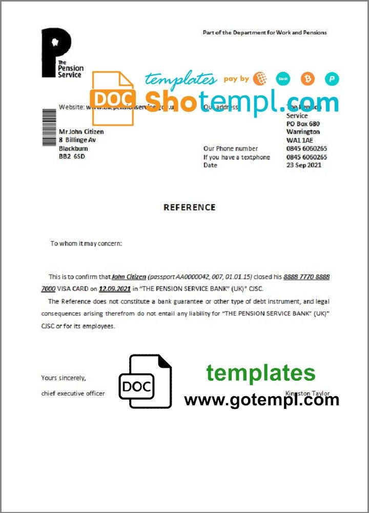 United Kingdom The Pension Service bank account closure reference letter example in Word and PDF format