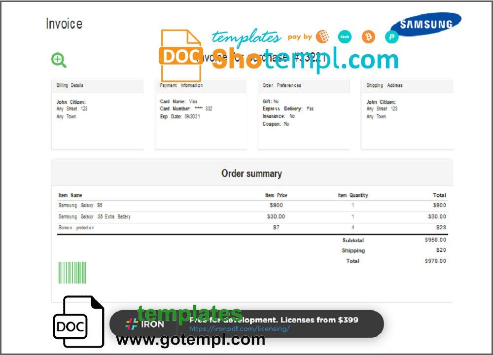USA Samsung invoice example in Word and PDF format, fully editable
