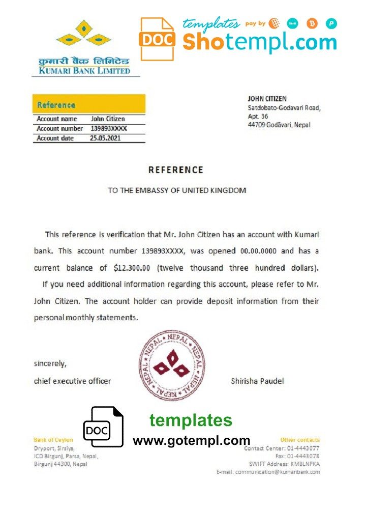 Nepali Kumari Bank bank reference letter example in Word and PDF format