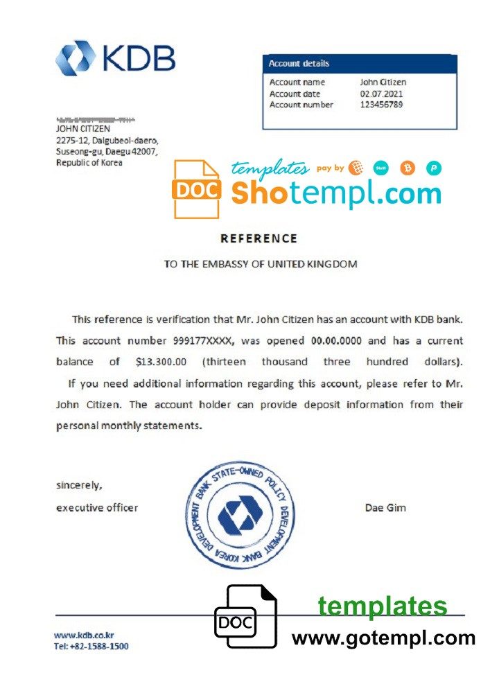 Korea KDB bank account reference letter example in Word and PDF format
