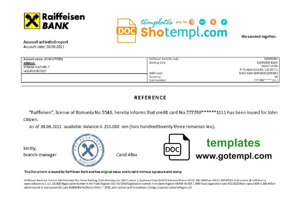 Romanian Raiffeisen bank account reference letter example in Word and PDF format