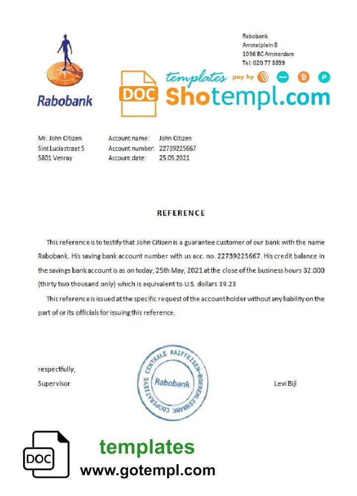 Dutch Rabobank bank certificate example in Word and PDF format