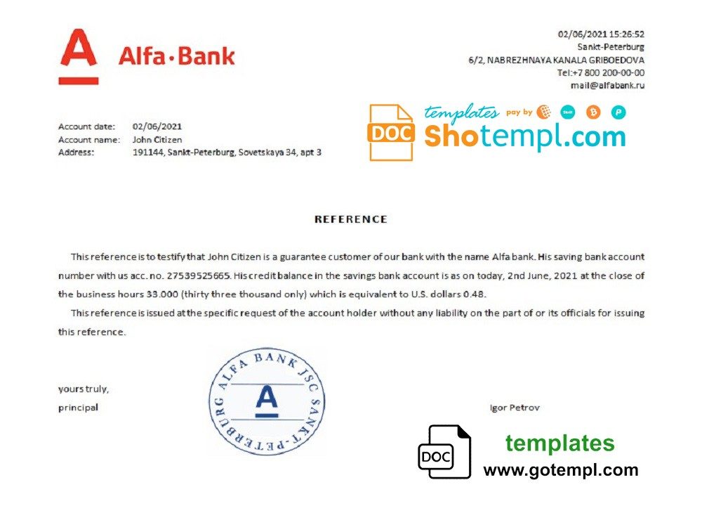 Russian Alfa Bank bank reference letter example in Word and PDF format