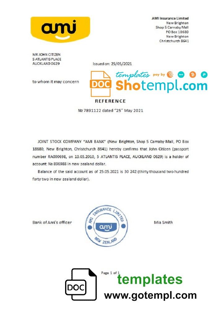 New Zealand Ami bank account reference letter example in Word and PDF format