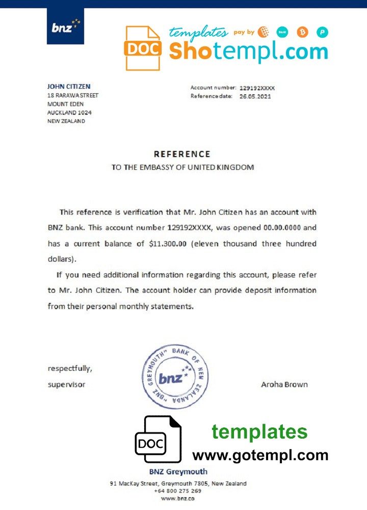 New Zealand BNZ bank account reference letter example in Word and PDF format