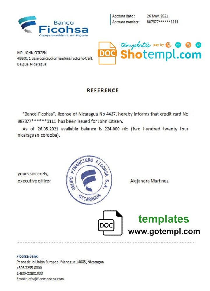 Nicaraguan Banco Ficohsa bank account reference letter example in Word and PDF format