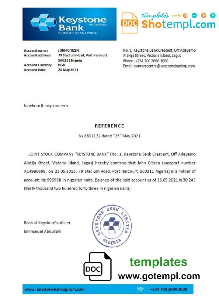 Nigerienia Keystone Bank bank account reference letter example in Word and PDF format