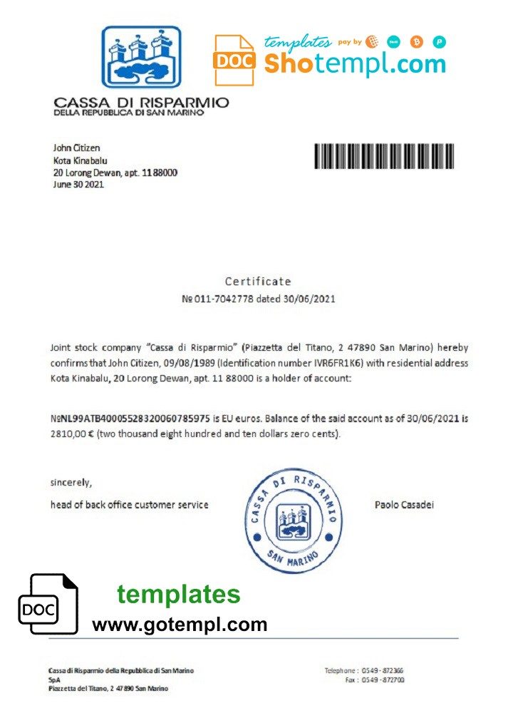 San Marino Cassa di Risparmio bank reference letter example in Word and PDF format