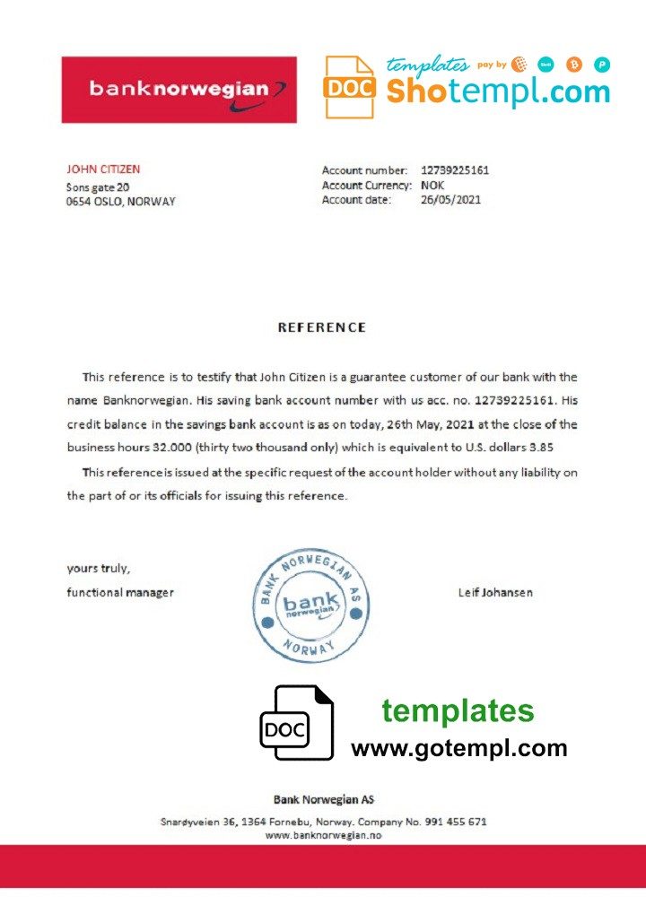 Norwegian Bank Norwegian bank account reference letter example in Word and PDF format