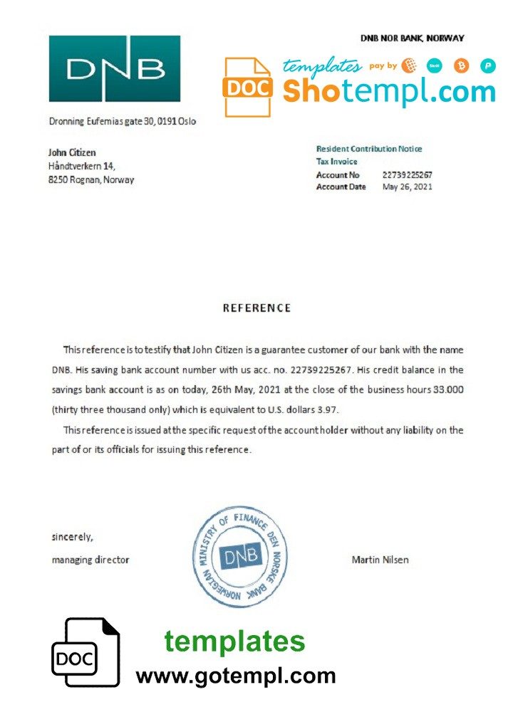 Norwegian DNB Nor Bank bank account reference letter example in Word and PDF format
