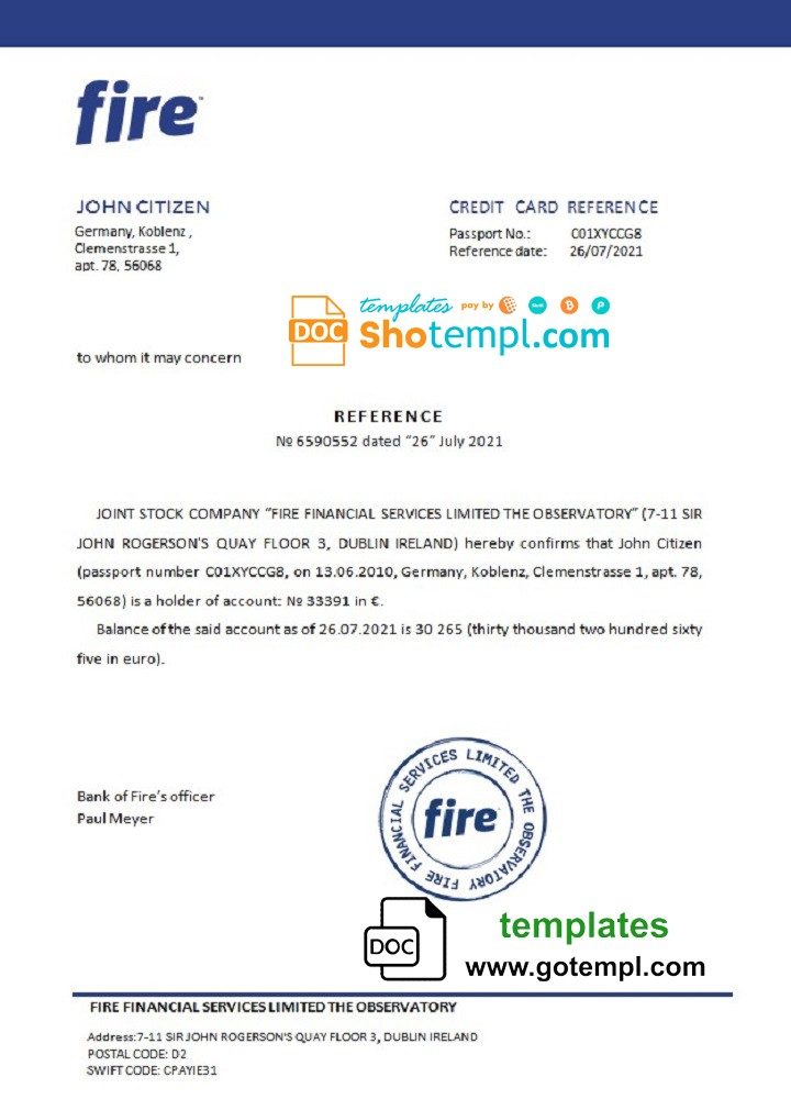 German Fire bank account balance reference letter example in Word and PDF format