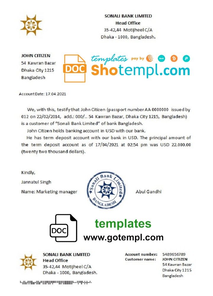 Bangladeshi Sonali Bank bank account reference letter example in Word and PDF format