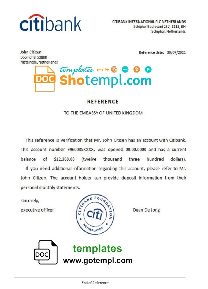Dutch Citibank account balance certificate example in Word and PDF format