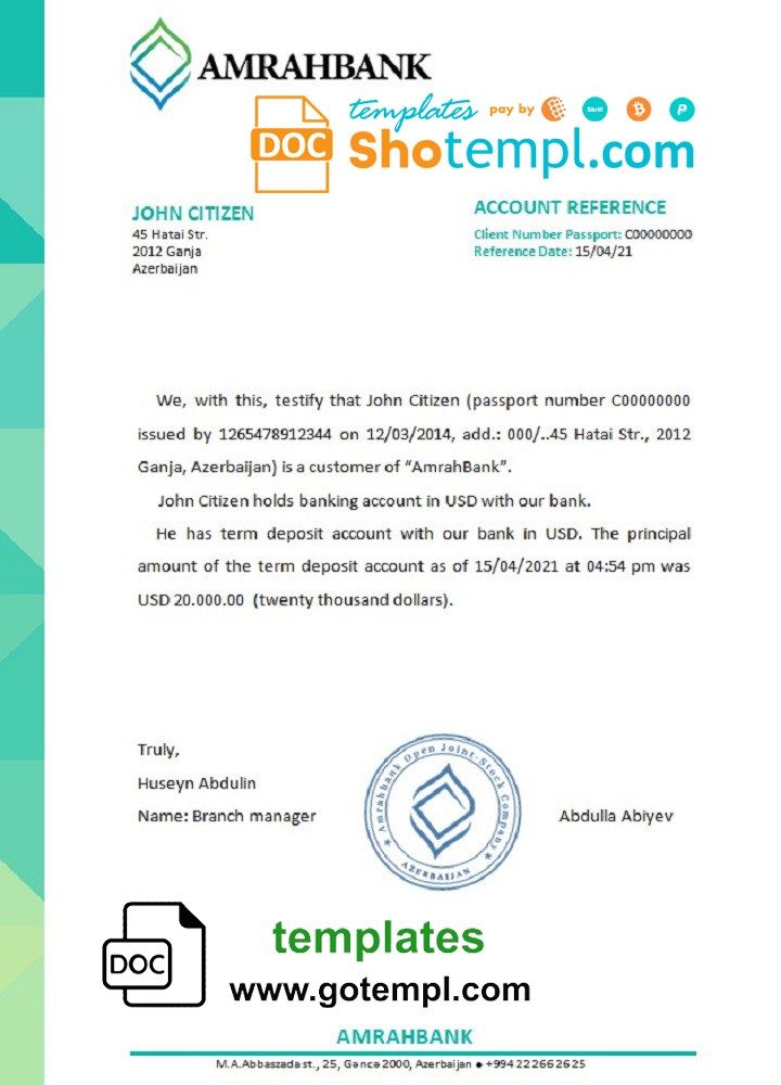 Azerbaijani Amrahbank bank reference letter example in Word and PDF format