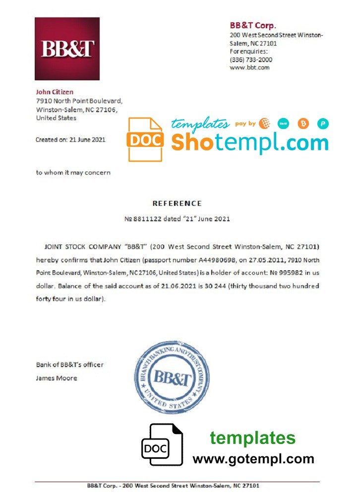 USA BB&T bank account reference letter example in Word and PDF format