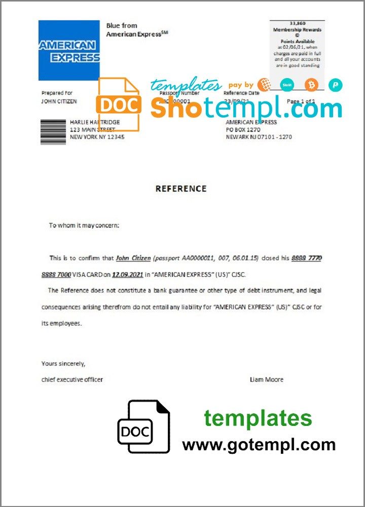 USA American Express bank account closure reference letter example in Word and PDF format