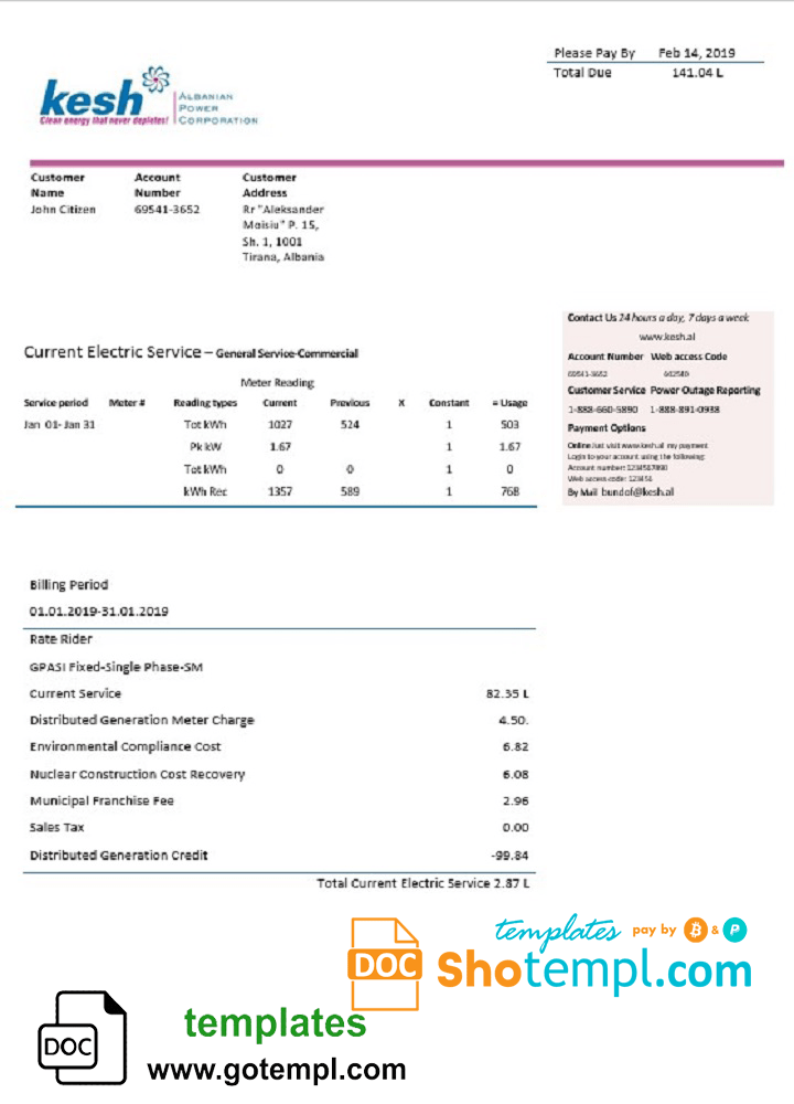 Albanian Albaniann Power Corporation utility bill download example in Word and PDF format
