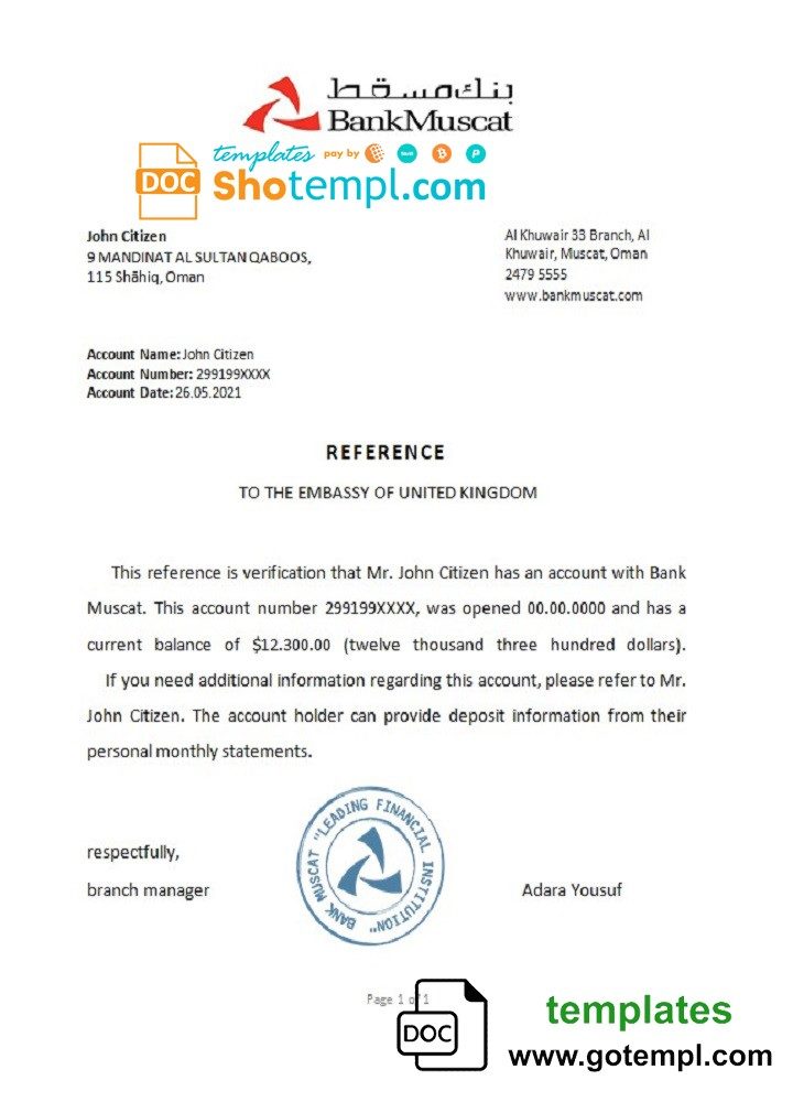 Omani Bank Muscat bank account reference letter example in Word and PDF format