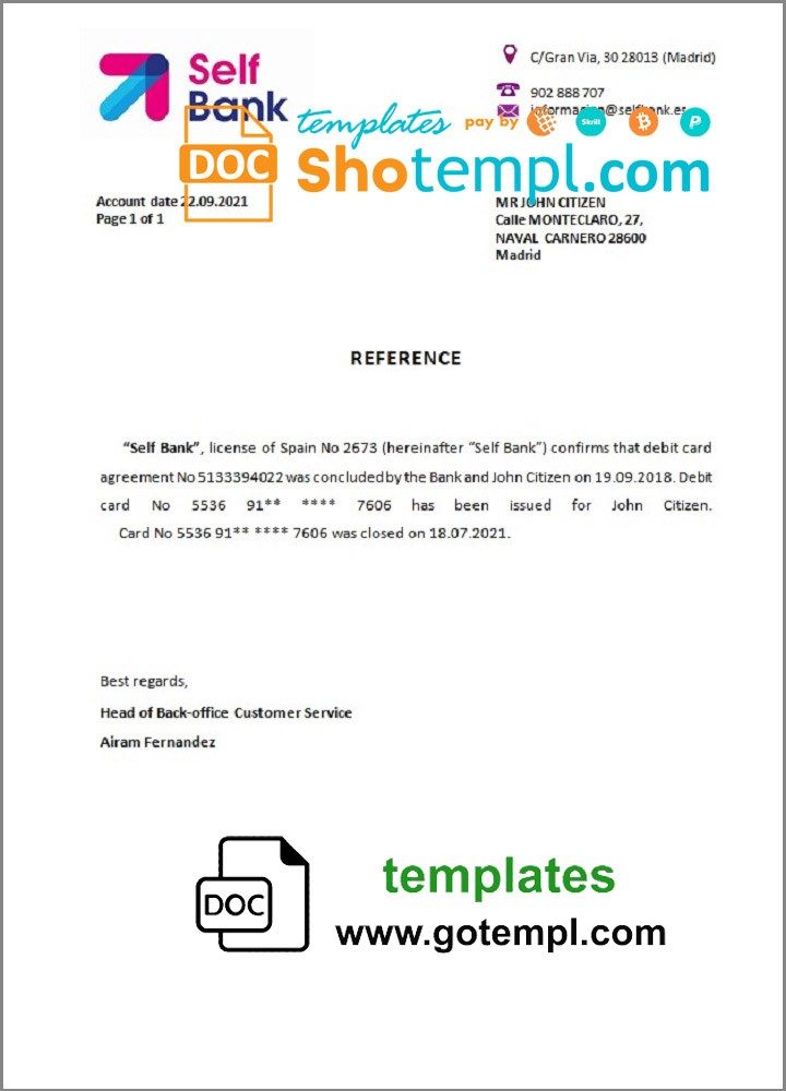 Spanish Self Bank bank account closure reference letter example in Word and PDF format
