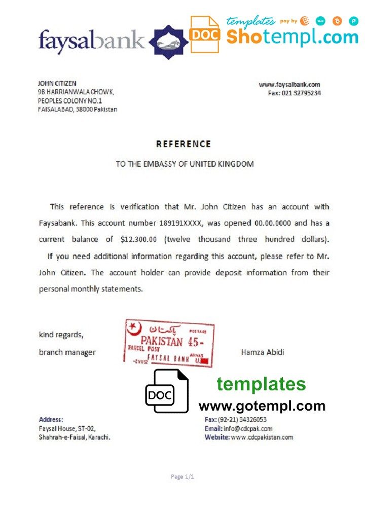 Pakistani Faysalbank bank account reference letter example in Word and PDF format