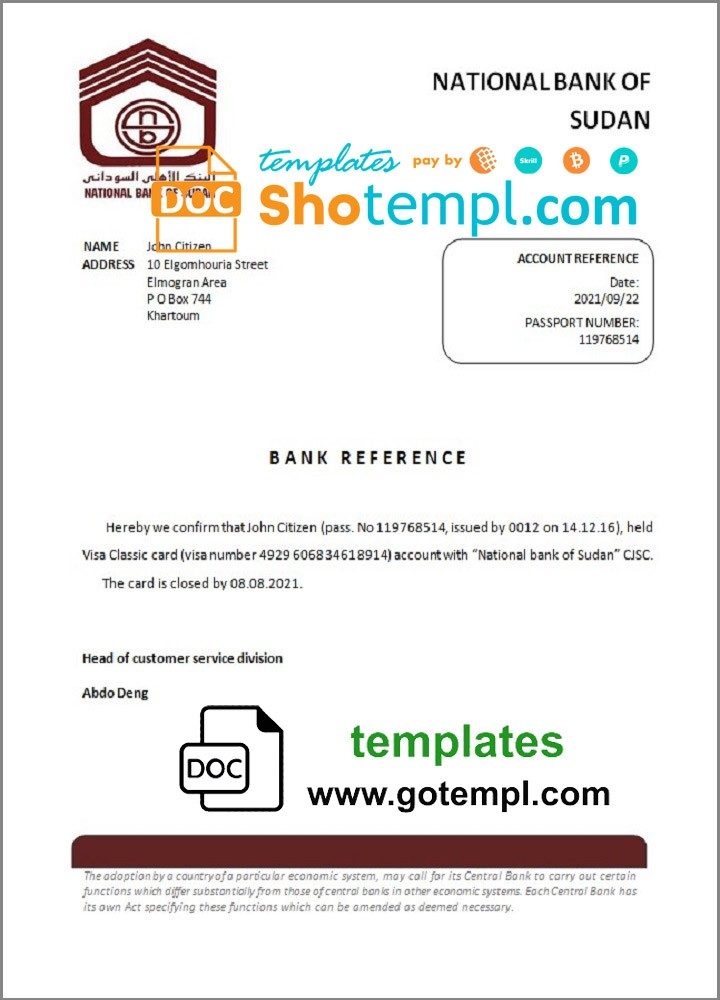 Sudanese National Bank of Sudanese bank account closure reference letter example in Word and PDF format