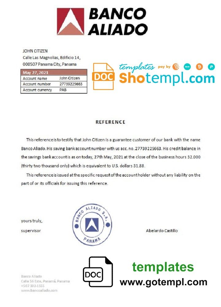 Panamanian Banco Aliado bank account reference letter example in Word and PDF format