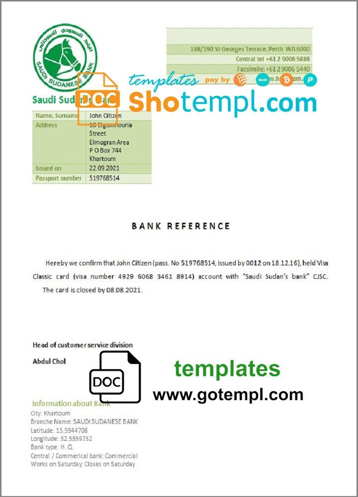 Sudanese Saudi Sudanese's Bank bank account closure reference letter example in Word and PDF format