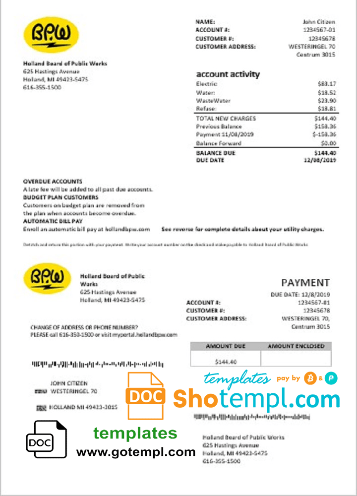 Netherlands BPW utility bill download example in Word and PDF format