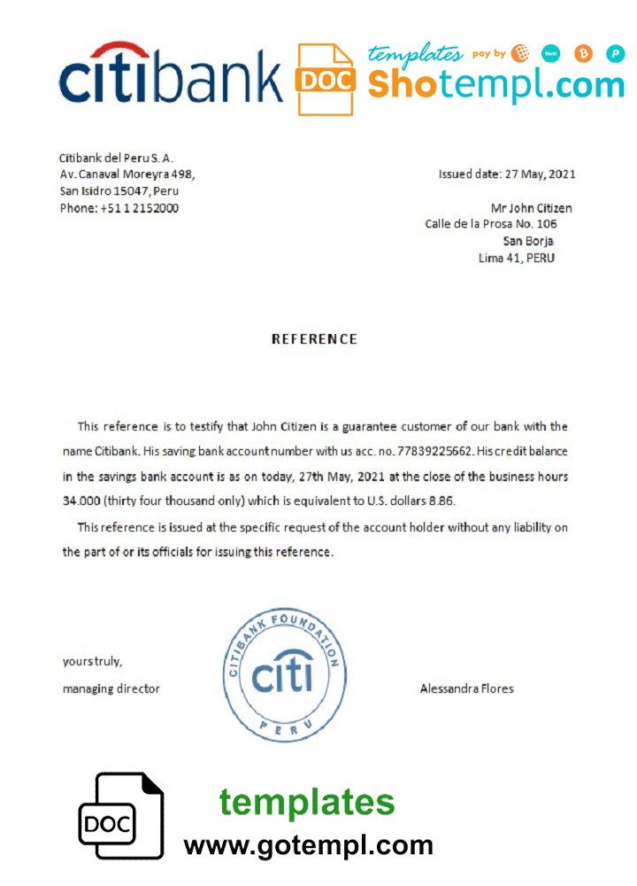Peruvian Citibank bank account reference letter example in Word and PDF format