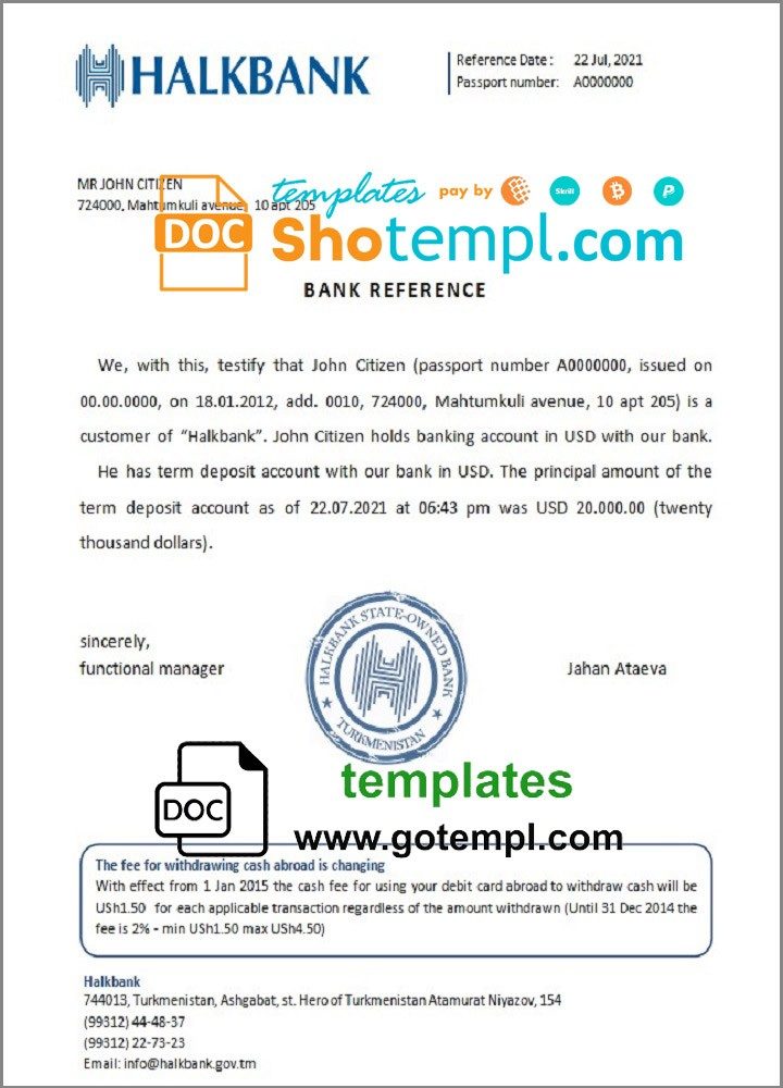 Turkmen Halkbank account balance reference letter example in Word and PDF format