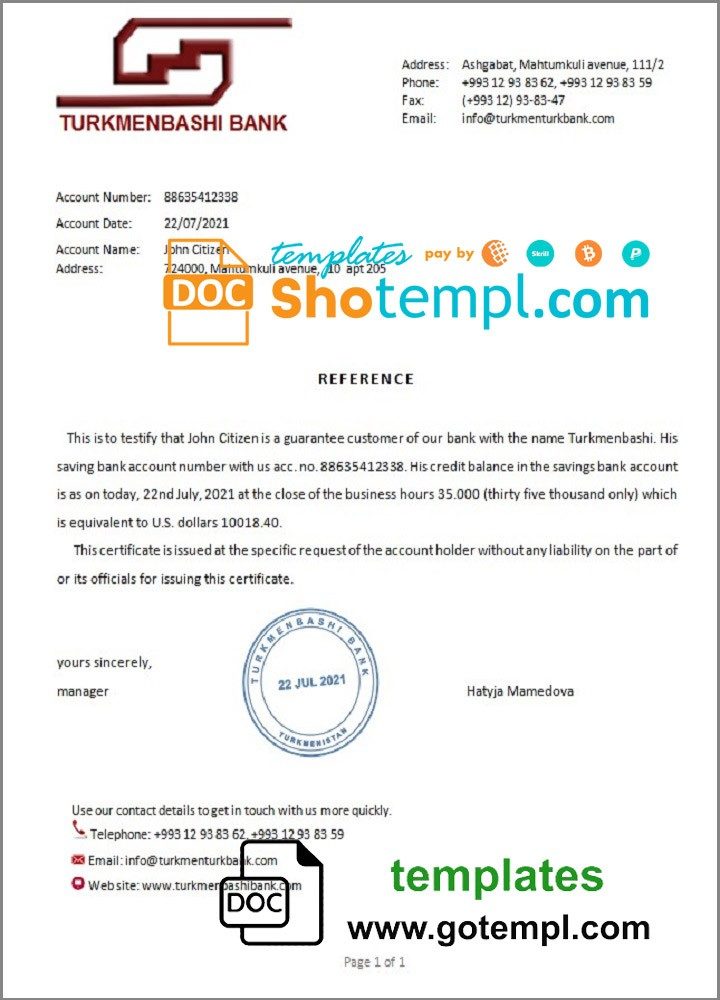Turkmen Turkmenbashi bank account balance reference letter example in Word and PDF format