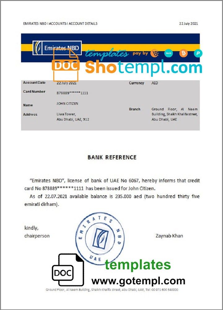 UAE Emirates NBD bank account balance reference letter example in Word and PDF format
