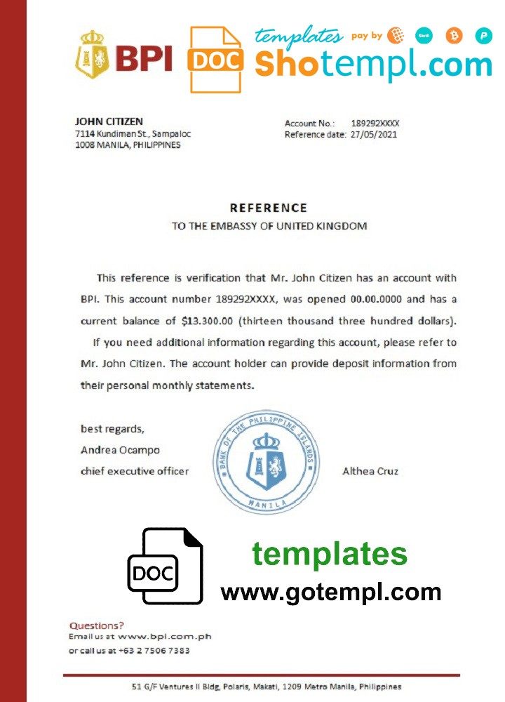 Filipino BPI bank reference letter example in Word and PDF format