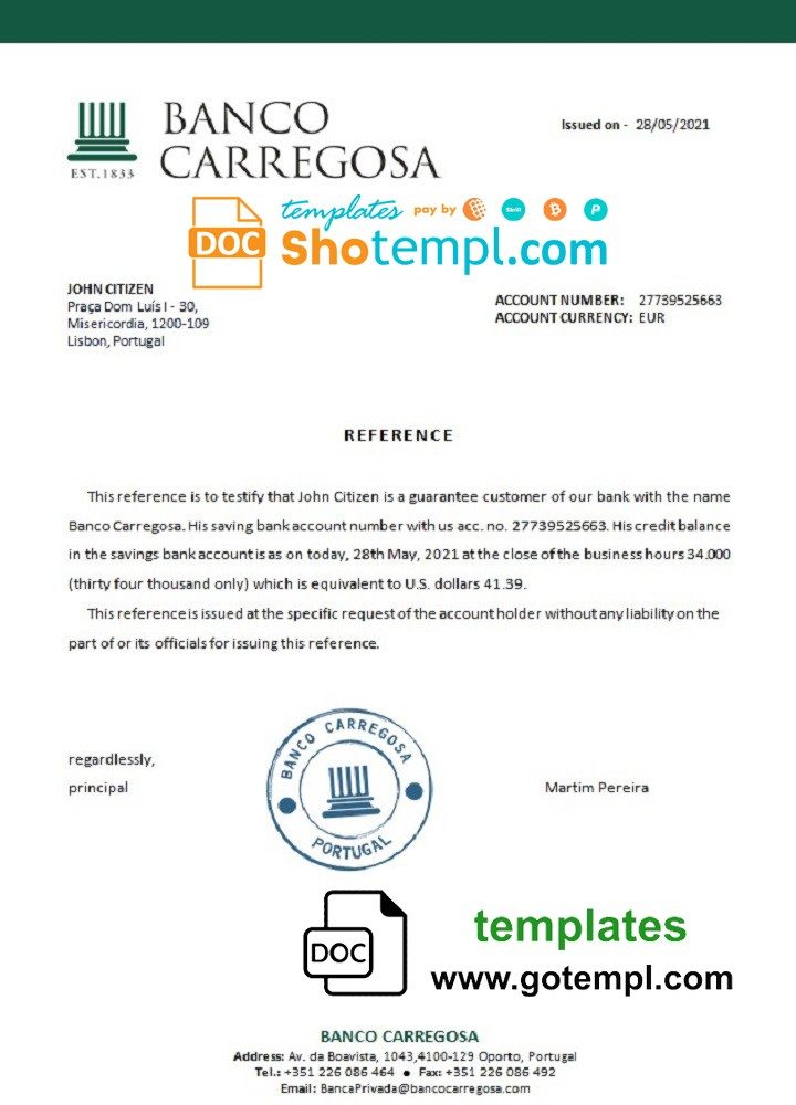 Portuguese Banco Carregosa bank account reference letter example in Word and PDF format